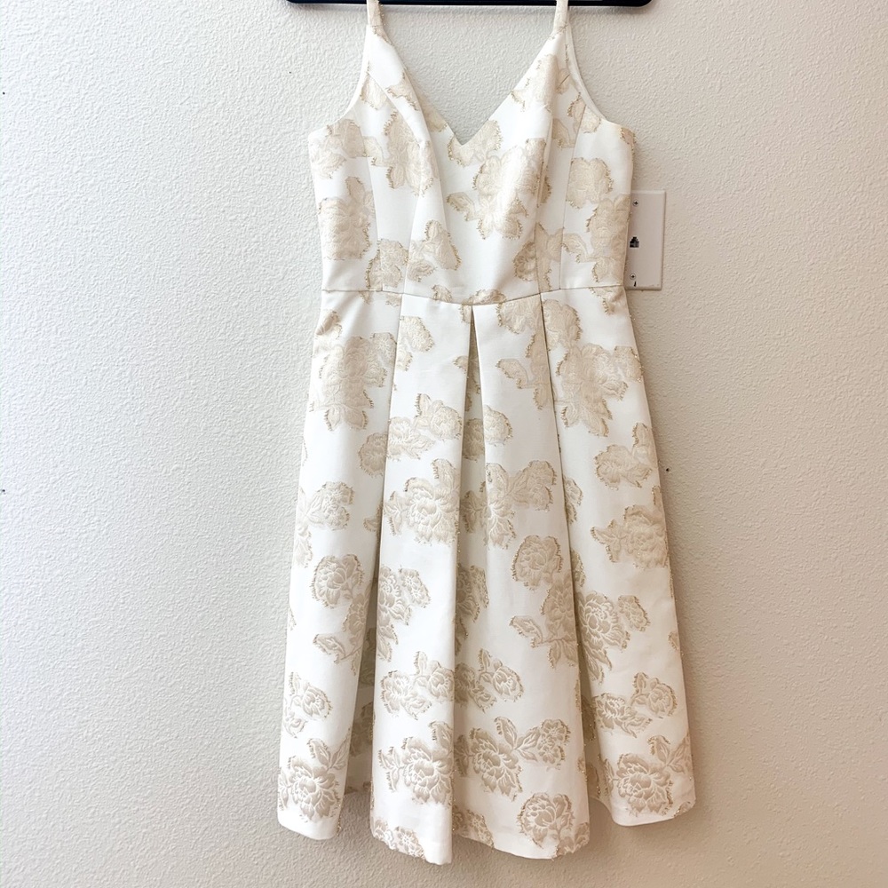 Formal white and gold midi sleeveless event dress